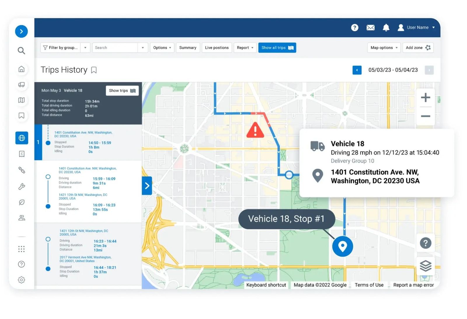 Vehicle trip history on a tracking dashboard