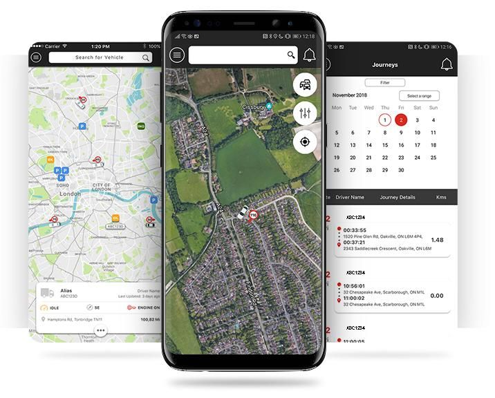 Tracking app showing vehicles on a map
